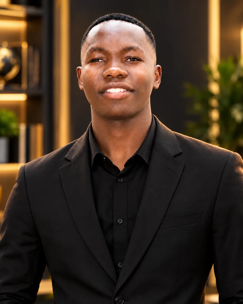 Black suit executive portrait concept with a confident professional pose