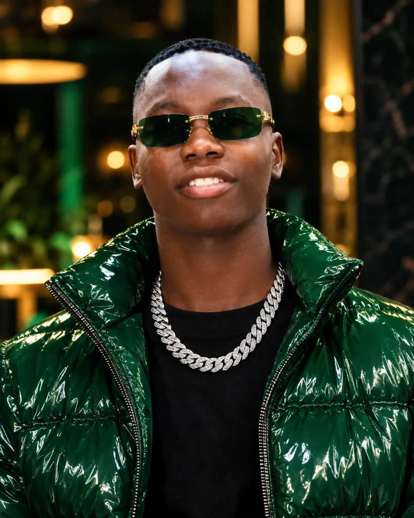Glossy emerald green puffer jacket luxury fashion portrait with dark green sunglasses
