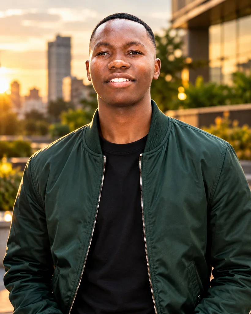Urban editorial portrait in a dark green jacket with a city backdrop
