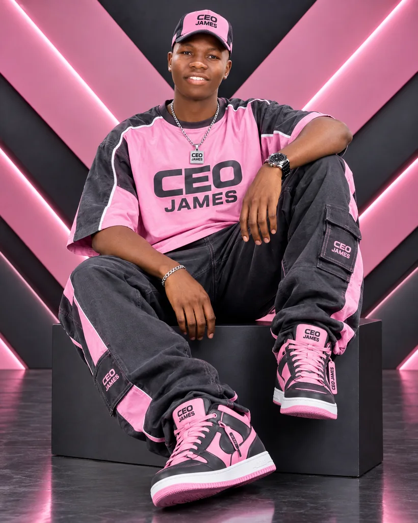Pink and charcoal CEO James branded streetwear concept portrait