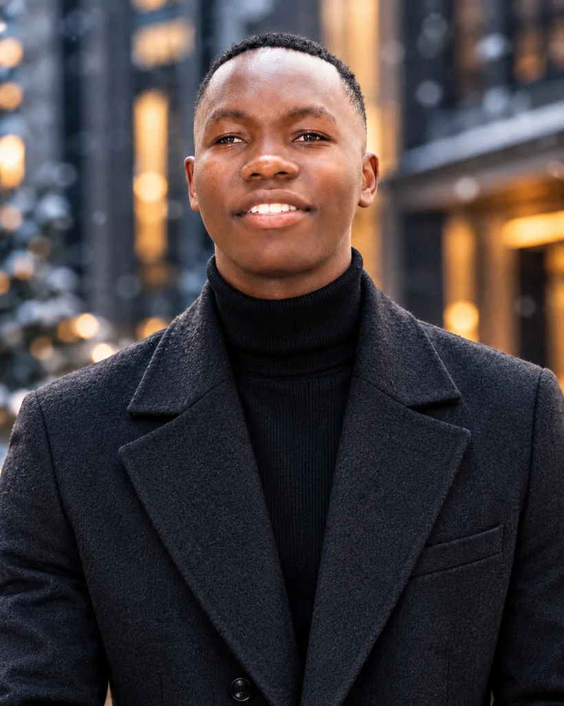 Winter city portrait in a tailored dark overcoat and black turtleneck