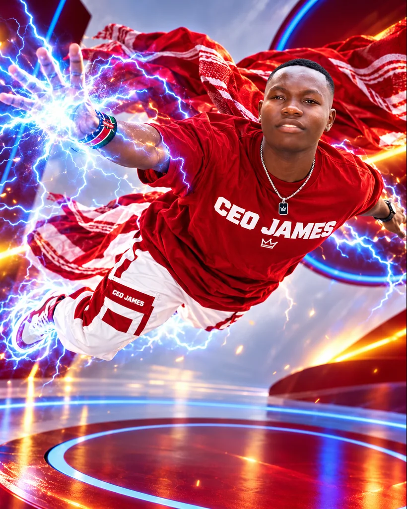 Superhero action concept with red flowing fabric and blue lightning effects