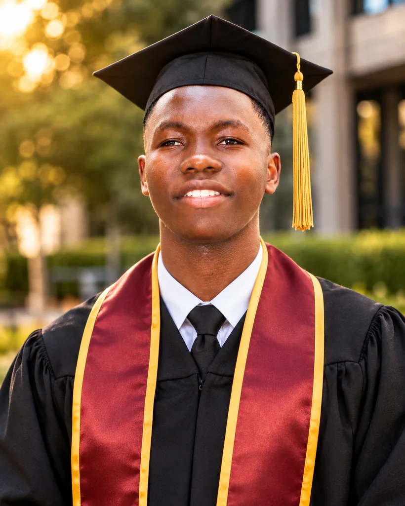 Graduation portrait wearing cap, gown and maroon academic stole