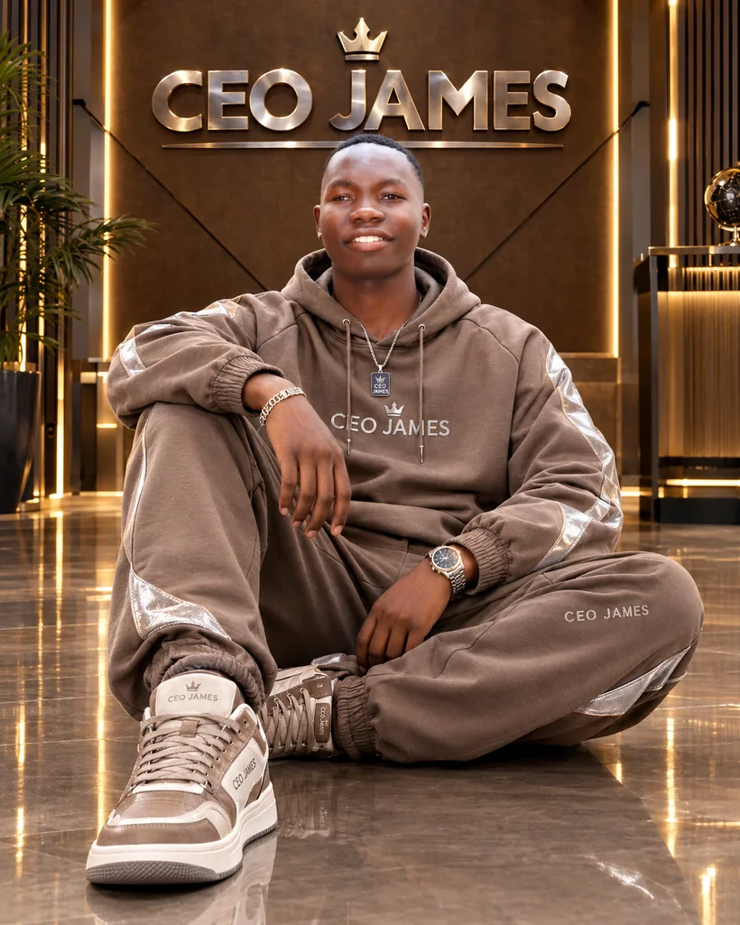 CEO James branded luxury studio portrait in coordinated designer streetwear